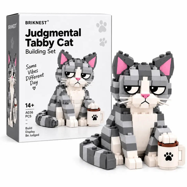 The Judgmental Tabby Cat Building Set box next to the finished brick cat and its paw-print mug