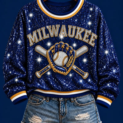 Milwaukee Crossed Bats Sequin Baseball Sweatshirt