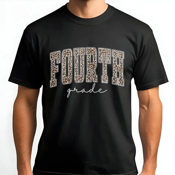 Fourth Grade Teacher T-Shirt | Leopard Print Back to School Graphic | Premium Cotton Unisex Tee | Gift for Elementary School
