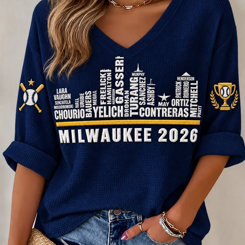 Milwaukee Waffle V-Neck Baseball Long Sleeve Tee
