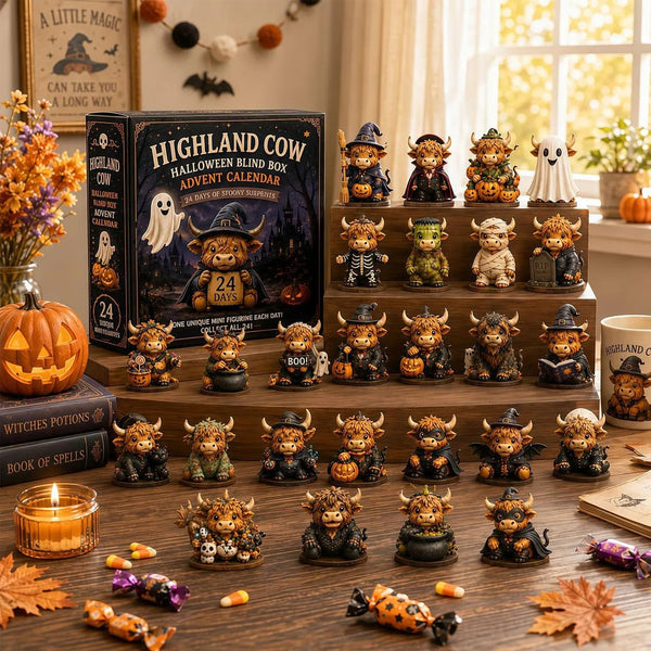 Highland Cow Halloween countdown calendar box with the 24 costumed mini figures on a shelf