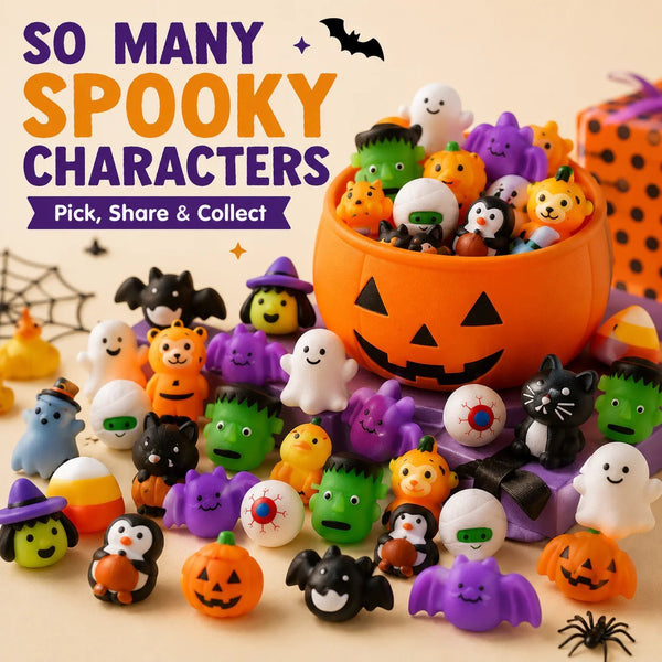 Assorted ghost, pumpkin, bat, witch and monster squishies around a pumpkin pail