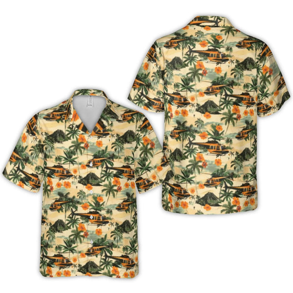 Helicopter Hawaiian Shirt | Tropical Volcano & Palm Tree Print | Premium Lightweight Polyester | Vacation Gift For Pilot And