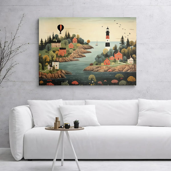 Coastal Village Canvas Wall Art | Folk Art Lighthouse Landscape with Hot Air Balloon | Premium 1.25” Gallery Wrap | Nautical