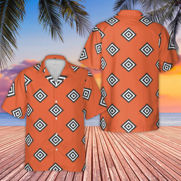 Geometric Diamond Hawaiian Shirt | Burnt Orange Abstract Print | Wrinkle-Resistant Woven Polyester | Premium Summer Vacation