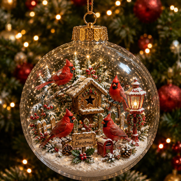 Clear glass ball ornament holding a miniature scene of red cardinals around a birdhouse
